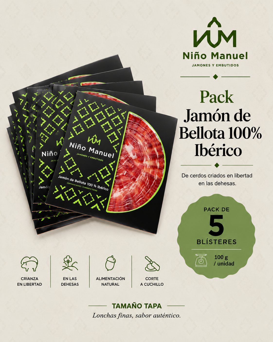 Pack Loncheado Jamón Bellota 100 % Ibérico – Corte a Cuchillo (5/10/15 uds)