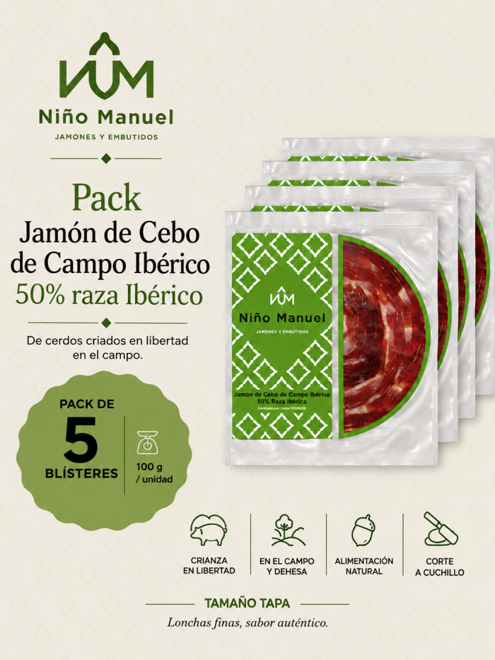 Pack Jamón Cebo Campo Ibérico 50% Ibérico – Corte a Cuchillo 100 g (5/10/15 uds)