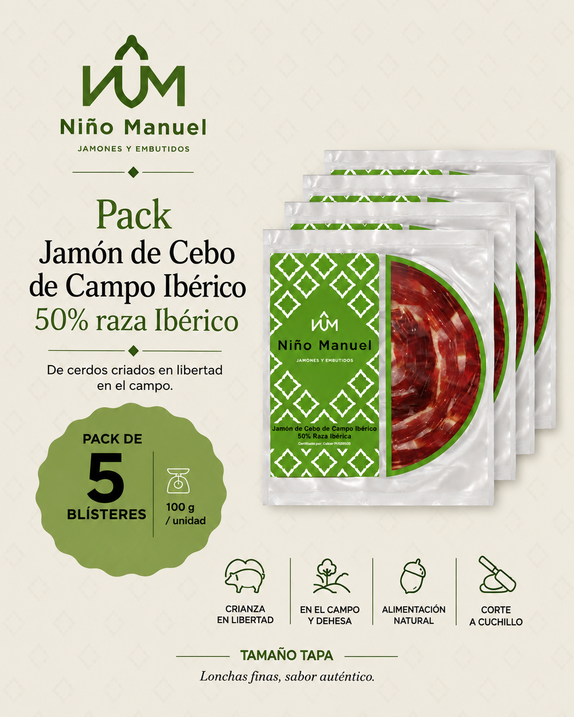 Pack Jamón Cebo Campo Ibérico 50% Ibérico – Corte a Cuchillo 100 g (5/10/15 uds)