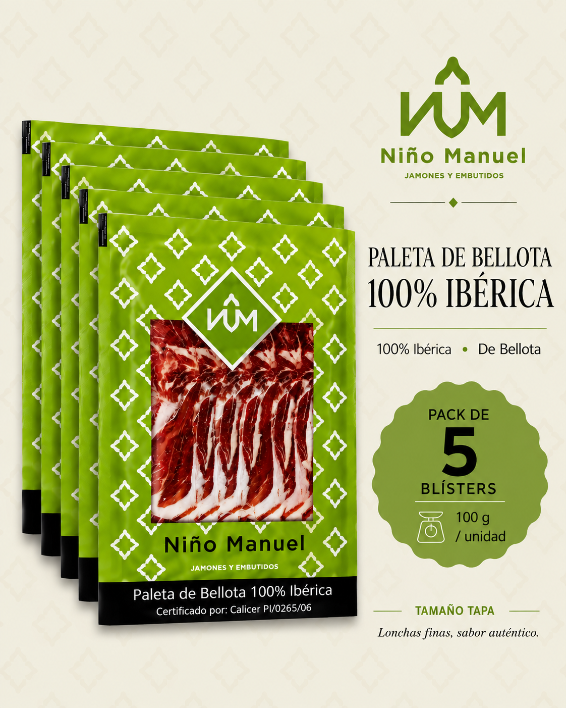 Pack Paleta de Bellota 100% Ibérica – Loncheada 100 g (5/10/15 uds)