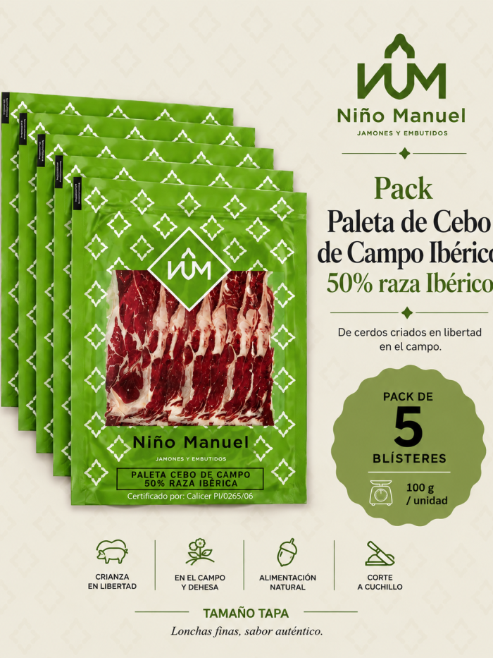 Pack Paleta de Cebo de Campo Ibérico 50% raza Ibérico – Loncheada 100 g (5/10/15 uds)