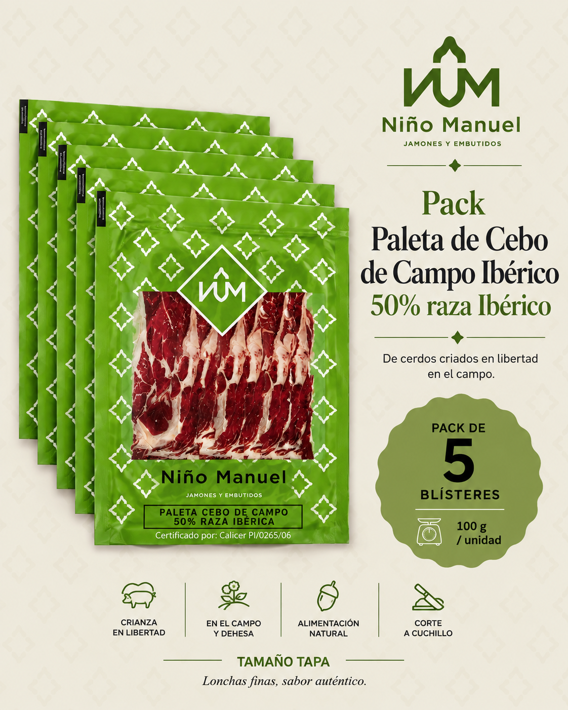 Pack Paleta de Cebo de Campo Ibérico 50% raza Ibérico – Loncheada 100 g (5/10/15 uds)