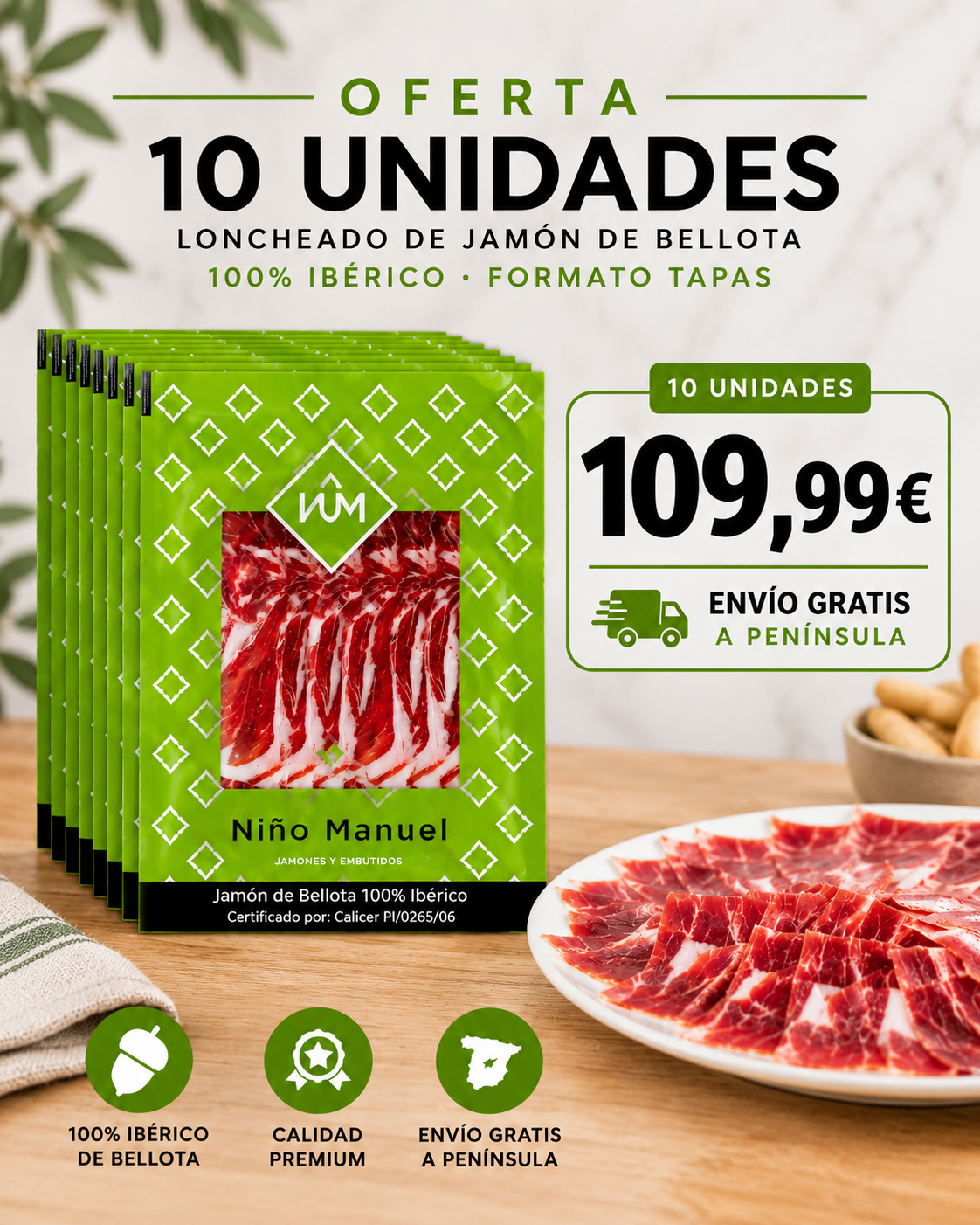 Pack 10 Jamón de Bellota 100% Ibérico Loncheado Tapas